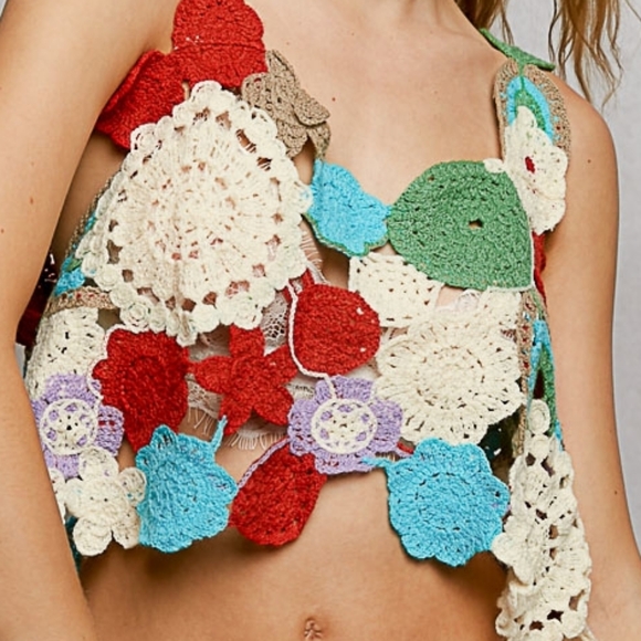 POL Retro Knit Openwork Floral Patchwork Cropped Crochet Cami Sleeveless Shirt - Picture 11 of 13